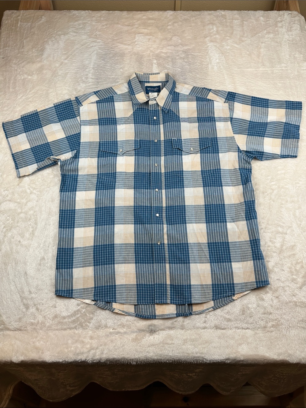 Wrangler Western Shirt Mens XL Blue Plaid Pearl Snap Short Sleeve Cowboy Cotton
